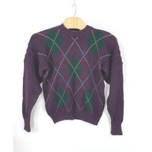 Structure Mens Sweater M Pullover Purple Argyle Chunky Cable Knit Ramie Blend